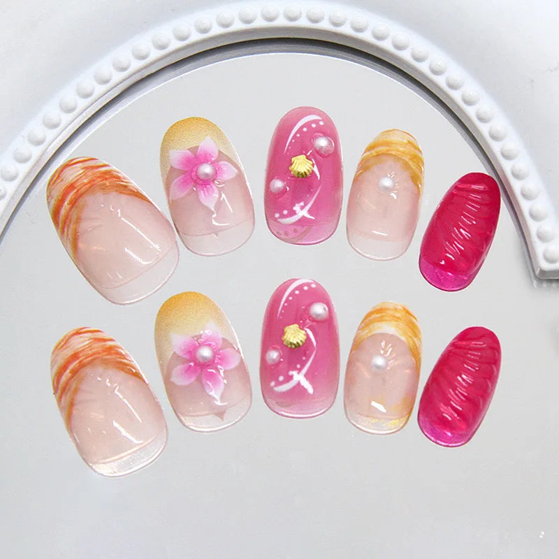 24 Pcs 3d Shell Pearls Nail Tips